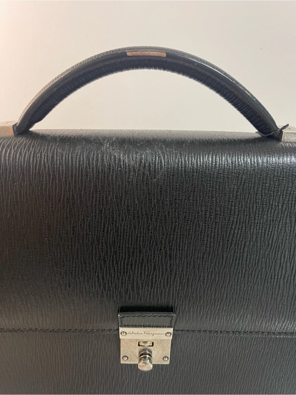 Salvatore Ferragamo Black Textured Leather Briefcase with Silver Hardware